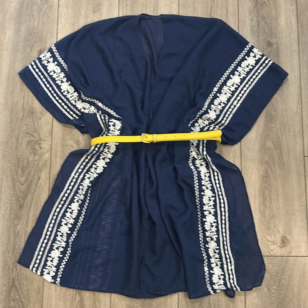 Navy Blue Open Kaftan Beach Coverup w/White Embroidery One Size - Anthropologie - Picture 5 of 5